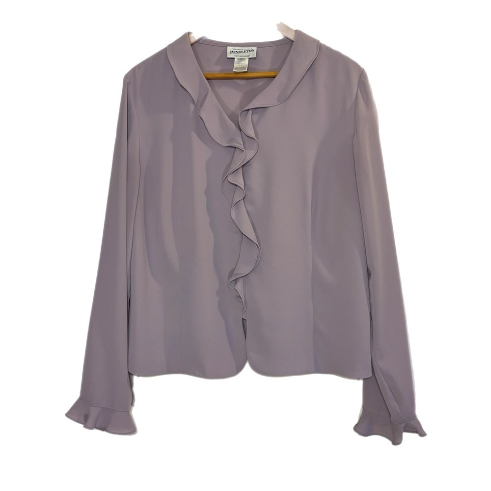 Pendleton lavender ruffle neckline and cuffs long sleeve button up blouse